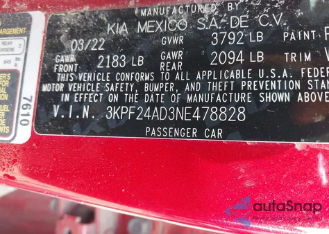 2022 Kia Forte Lxs z USA, uszkodzony, nr VIN 3KPF24AD3NE478828